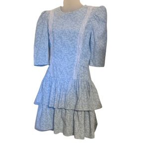 Vintage 1980s light blue and white floral two tier ruffle mini dress size small